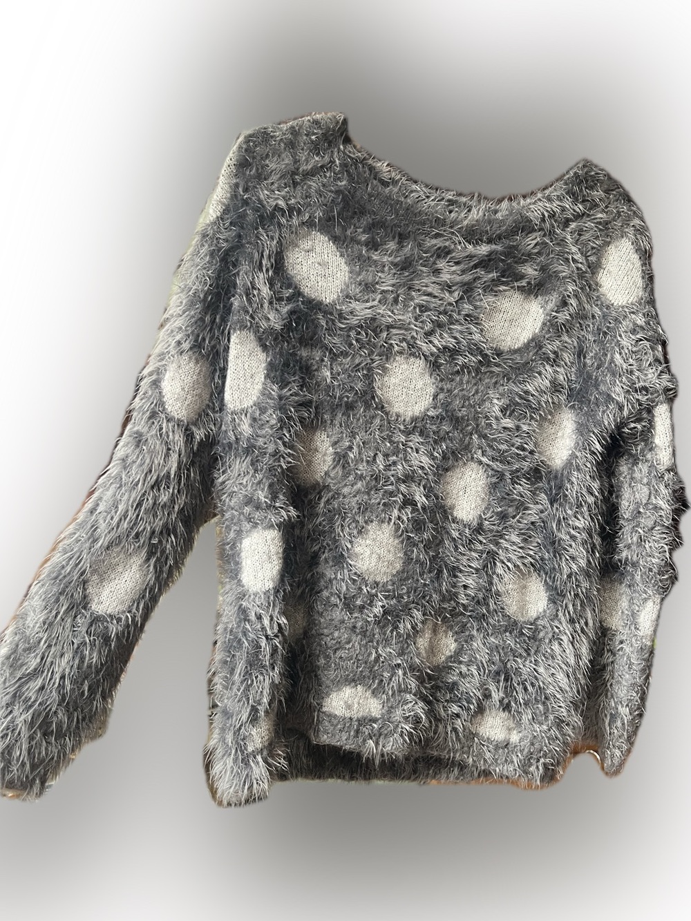 Joseph A Fuzzy Gray Polka Dot Crewneck Sweater
